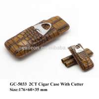 Genuine Brown Leather Crocodile Pattern Cigar Case humidor 2 Tube Holder Travel Cigars Box With Steel Cutter